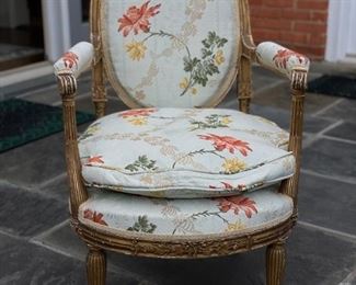 Pair of Antique Gilded Fauteuils with Floral Upholstered Down-Filled Cushions. Photo 1 of 7.