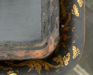 Ebony Metal Tray Table with Gilt Stenciling and Faux Bamboo Legs. Measures 28" W x 21" D x 16" H. Photo 2 of 3.