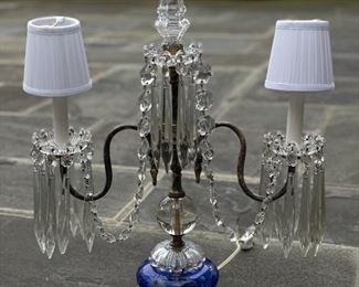 Pair of Antique Candelabra Lamps with Cobalt Bases. Cut glass: Polish or Czech with Original Crystal (old wire).