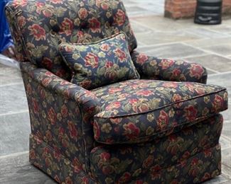 Navy Floral Upholstered Club Chair with Down-Filled Cushions - 2 Available. Each Measures 35" W x 29" D. Photo 1 of 5.