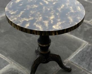 Side Table with Faux Tortoise Top & Wood and Wrought Iron Pedestal Base. Measures 18" D x 19" H. Photo 1 of 3.