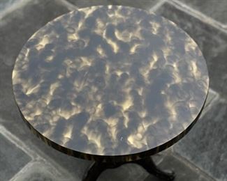 Side Table with Faux Tortoise Top & Wood and Wrought Iron Pedestal Base. Measures 18" D x 19" H. Photo 2 of 3.