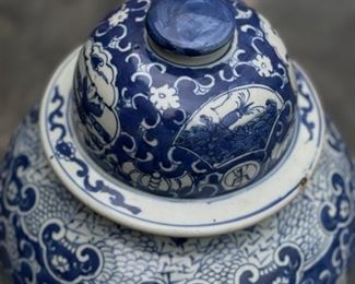Pair of Matching Antique Qing Chinese Blue & White Chinoiserie Ginger Jars with Lids. VERY HEAVY! Each Measures 19" H x 11" at widest. Photo 2 of 9.