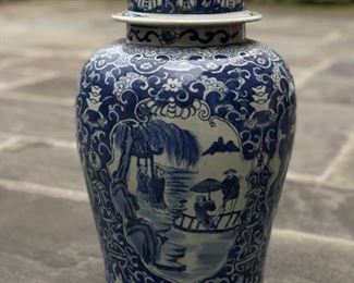 Pair of Matching Antique Qing Chinese Blue & White Chinoiserie Ginger Jars with Lids. VERY HEAVY! Each Measures 19" H x 11" at widest. Photo 1 of 9.