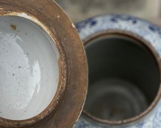 Pair of Matching Antique Qing Chinese Blue & White Chinoiserie Ginger Jars with Lids. VERY HEAVY! Each Measures 19" H x 11" at widest. Photo 3 of 9.