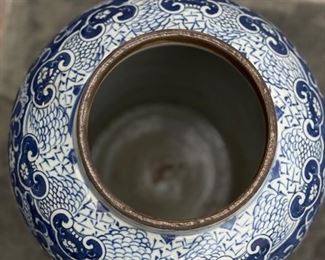 Pair of Matching Antique Qing Chinese Blue & White Chinoiserie Ginger Jars with Lids. VERY HEAVY! Each Measures 19" H x 11" at widest. Photo 4 of 9.