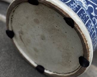 Pair of Matching Antique Qing Chinese Blue & White Chinoiserie Ginger Jars with Lids. VERY HEAVY! Each Measures 19" H x 11" at widest. Photo 5 of 9.