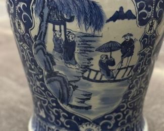 Pair of Matching Antique Qing Chinese Blue & White Chinoiserie Ginger Jars with Lids. VERY HEAVY! Each Measures 19" H x 11" at widest. Photo 6 of 9.