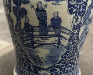 Pair of Matching Antique Qing Chinese Blue & White Chinoiserie Ginger Jars with Lids. VERY HEAVY! Each Measures 19" H x 11" at widest. Photo 7 of 9.