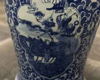 Pair of Matching Antique Qing Chinese Blue & White Chinoiserie Ginger Jars with Lids. VERY HEAVY! Each Measures 19" H x 11" at widest. Photo 8 of 9.