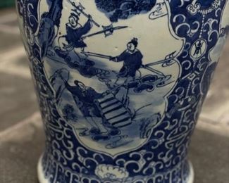 Pair of Matching Antique Qing Chinese Blue & White Chinoiserie Ginger Jars with Lids. VERY HEAVY! Each Measures 19" H x 11" at widest. Photo 9 of 9.