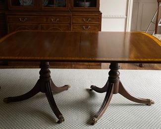 Henredon Double Pedestal Dining Table with Banded Inlaid Top. 68" L x 48" W x 29" H with 28' Clearance. Leaves available but still looking for them! Photo 3 of 5.