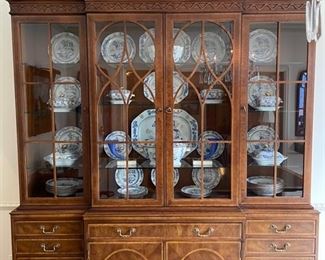 Vintage Hendredon China Cabinet with Tiered Top, Lattice Trimmed Decorative Cornice and Four Doors with Arched Mullions Opening to Glass Shelves. Measures 78.0" W x 85.5" H x 18.0" D. Photo 1 of 2.