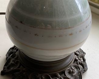 Pair of Porcelain Vases tuned Lamps. Has Brass Base and Brass Key Switch. Photo 2 of 2.