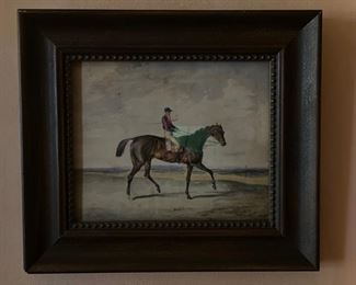 Horse & Jockey Oil Painting. Measures 9.5" x 7.5" without Frame; 15" x 13" with Frame.