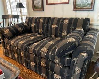 Loveseat Upholstered in Elephant Grey & Black Stripe Fabric. Measures 72" W x 34" D. Photo 1 of 3.