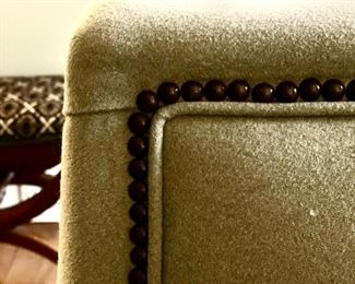 Pillow back sofa with new cushions upholstered in light sage color performance fabric with nailhead trim - 2 available. First measures 84" W x 37" D x 38" H; the second measures 75" W x 37" D x 38" H. Photo 3 of 3.