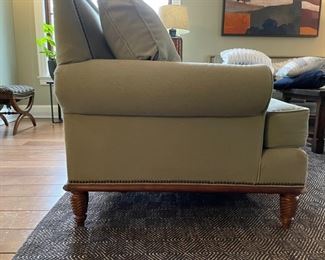 Pillow back sofa with new cushions upholstered in light sage color performance fabric with nailhead trim - 2 available. First measures 84" W x 37" D x 38" H; the second measures 75" W x 37" D x 38" H. Photo 2 of 3.