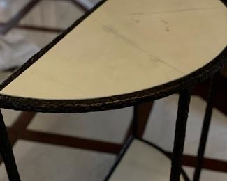 Mecox Gardens demilune with a hand-hammered gold bronze finish and ivory vellum top. Measures 32" W x 16" D x 32" H. Photo 2 of 3.