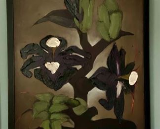 Brenda Barnum. Violet Floral in Brown. Oil on canvas. Signed by artist. Measures 35" x 47." Photo 1 of 2.