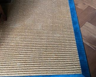 Custom sisal rug with teal mohair band. Measures 9' x 14'. Photo 2 of 2.