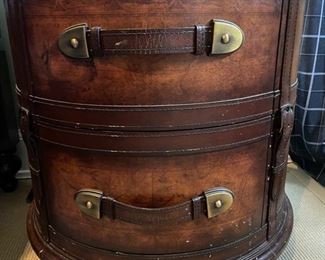 Maitland-Smith STYLE faux leather side table with leather pulls & strapping details and brass trim - 2 available. One needs work. Photo 1 of 2.