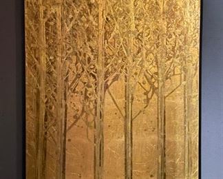 Michael O'Briant Gold on Gold trees. Gold-leaf on wood panel. Measures 24" x 36."
