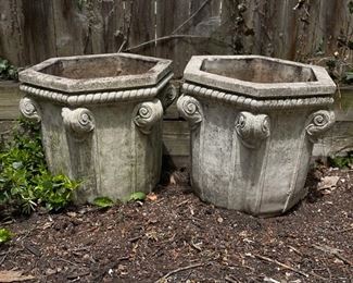 Pair of stamped Campania International cast stone planters. Each measures 12" H x 15" D. Photo 1 of 2.