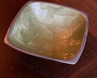 Judith Knight canapé bowl - crushed mother of pearl infused enamel, with the signature thumbprint swirl. Measures 3.5" x 3.5"