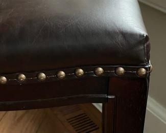 Set of three leather bar stools with nailhead trim. Each measures 18" x 12" x 25". Photo 3 of 3.
