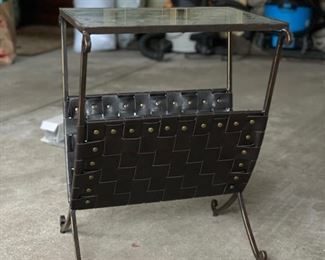Woven leather and metal magazine rack side table - 2 available. Each measures 18" W x 16" D x 22" H. Photo 2 of 4.