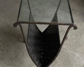 Woven leather and metal magazine rack side table - 2 available. Each measures 18" W x 16" D x 22" H. Photo 4 of 4.
