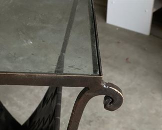 Woven leather and metal magazine rack side table - 2 available. Each measures 18" W x 16" D x 22" H. Photo 3 of 4.