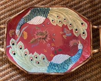 Tracy Porter Peacock Platter with Faux Bamboo Trim.