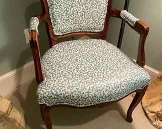 Vintage French Louis XV Arm Chair upholstered in a crisp whimsical pattern