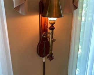 Vintage C.S.R. Hurricane Brass Rail Road Style Lamp, wood mounted