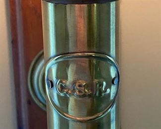 Vintage C.S.R. Hurricane Brass Rail Road Style Lamp, wood mounted