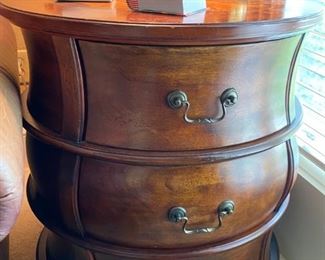 1 Butler Furniture Co. Barrel Table in a plantation cherry finish. Choice veneers inlay design on top (ONE SOLD)