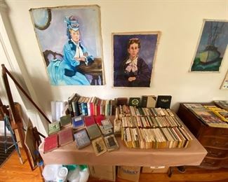 Antique books, encyclopedias, and vintage paperbacks