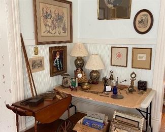 G R Cheesebrough lithograph; antique print;  antique tea/bar cart; Wang silkscreens, Edwin Megargee prints, vintage Currier & Ives print; 