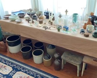 Antique ice cream maker; antique stoneware salt glazed crock pots & jugs; primitive step stools; pottery; crystal; vases; oil lamps; wool rugs