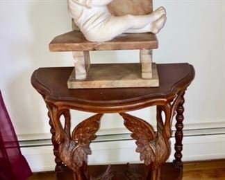 Antique carved swan table (SOLD), stone boy on bench sculpture