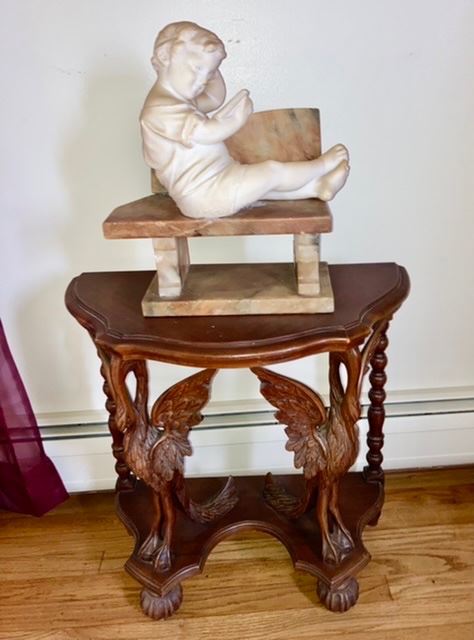 Antique carved swan table (SOLD), stone boy on bench sculpture