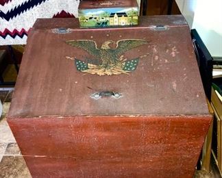 Vintage handmade wood box with eagle decal (close-up view)