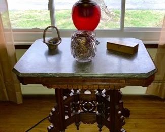 Antique parlor table w/ marble top (SOLD), Victorian Red Satin glass Gone with the Wind kerosene parlor lamp, converted