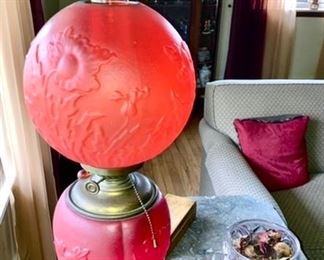 Victorian Red Satin glass Gone with the Wind kerosene parlor lamp, converted