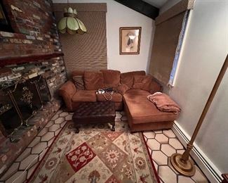 Sectional sofa and slag glass hanging lamp