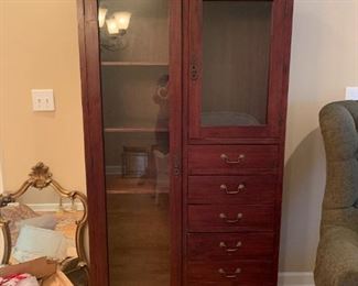 #19	Wood display cabinet 6 drawer, 2 door pine antique Danish 38x16x74	 $450
