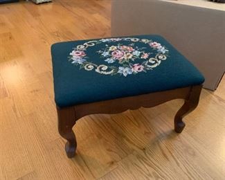 #43	Green needlepoint tuffet with Queen Anne legs 15x10x9	 $45.00 
