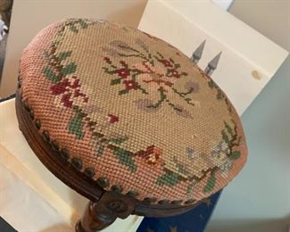 #74	Needlepoint pink tuffet 11x6	 $25.00 
